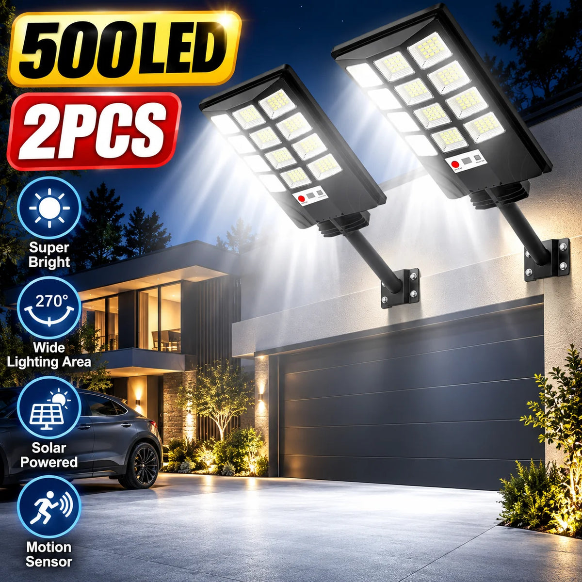 2PCS 500LED Solar Lights Outdoor, Solar Powered Motion Sensor Security Light with Remote Control, Super Bright LED Flood Light, IP65 Waterproof Wall Lamp, 270° Adjustable Lighting, 3 Modes for Garden, Patio, Garage, Yard and
