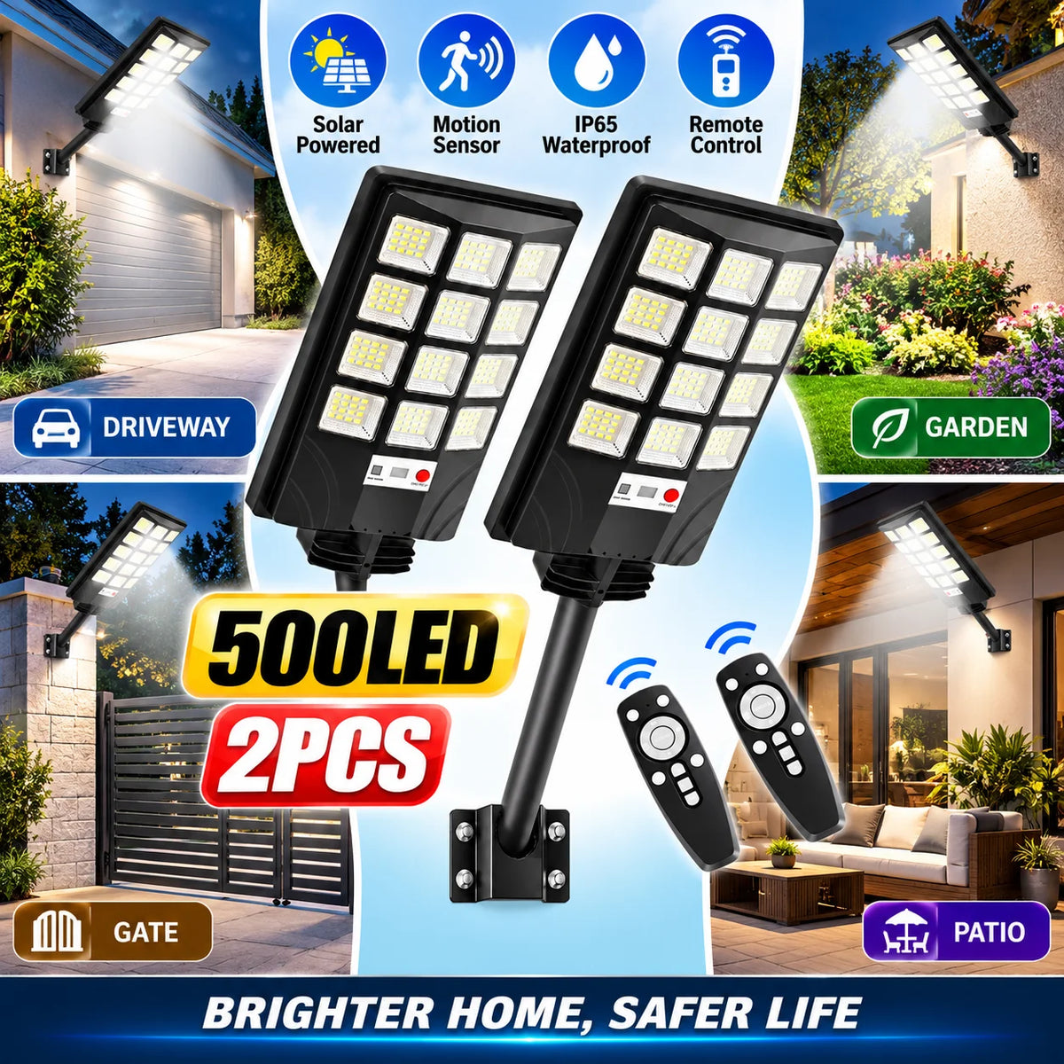 2PCS 500LED Solar Lights Outdoor, Solar Powered Motion Sensor Security Light with Remote Control, Super Bright LED Flood Light, IP65 Waterproof Wall Lamp, 270° Adjustable Lighting, 3 Modes for Garden, Patio, Garage, Yard and