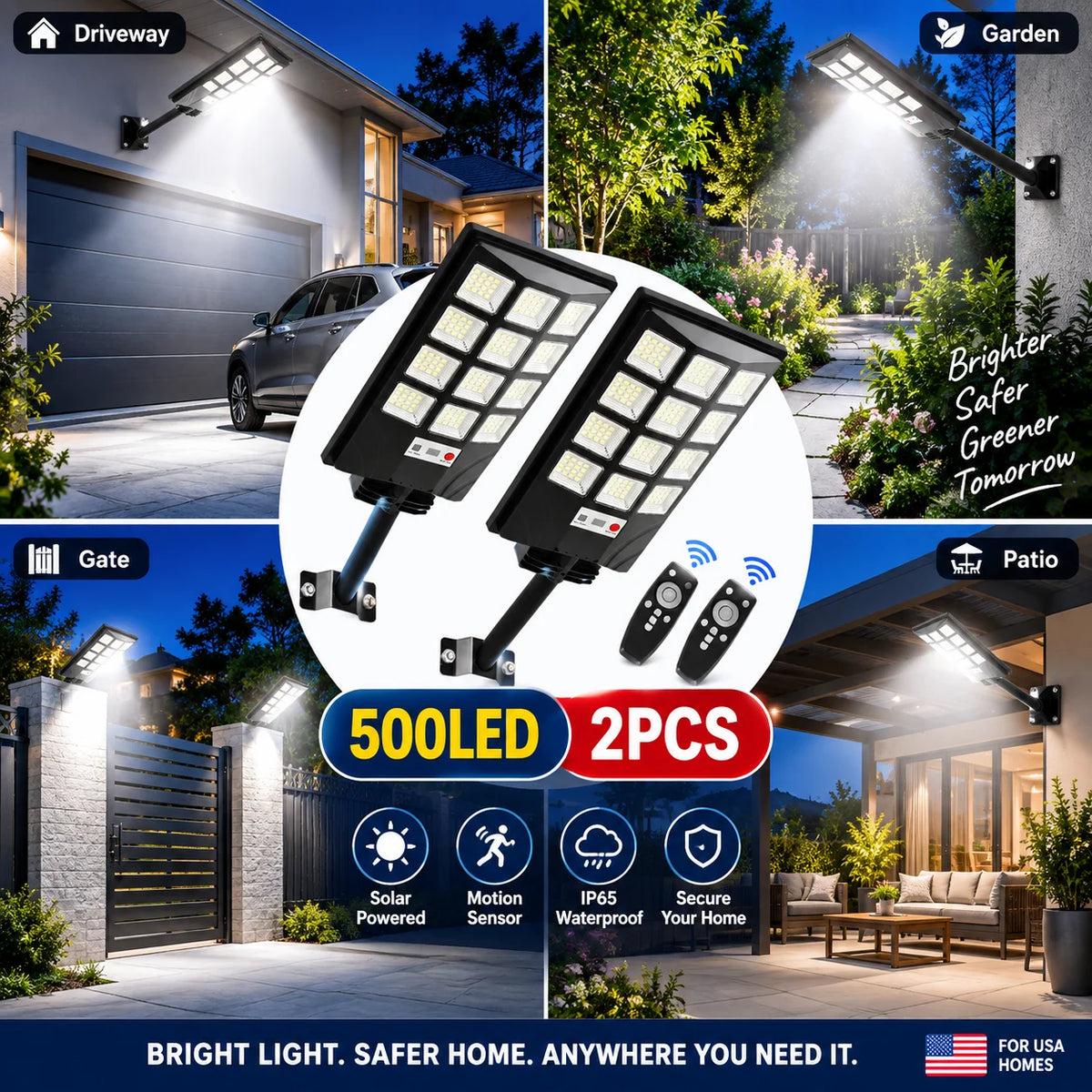 2PCS 500LED Solar Lights Outdoor, Solar Powered Motion Sensor Security Light with Remote Control, Super Bright LED Flood Light, IP65 Waterproof Wall Lamp, 270° Adjustable Lighting, 3 Modes for Garden, Patio, Garage, Yard and