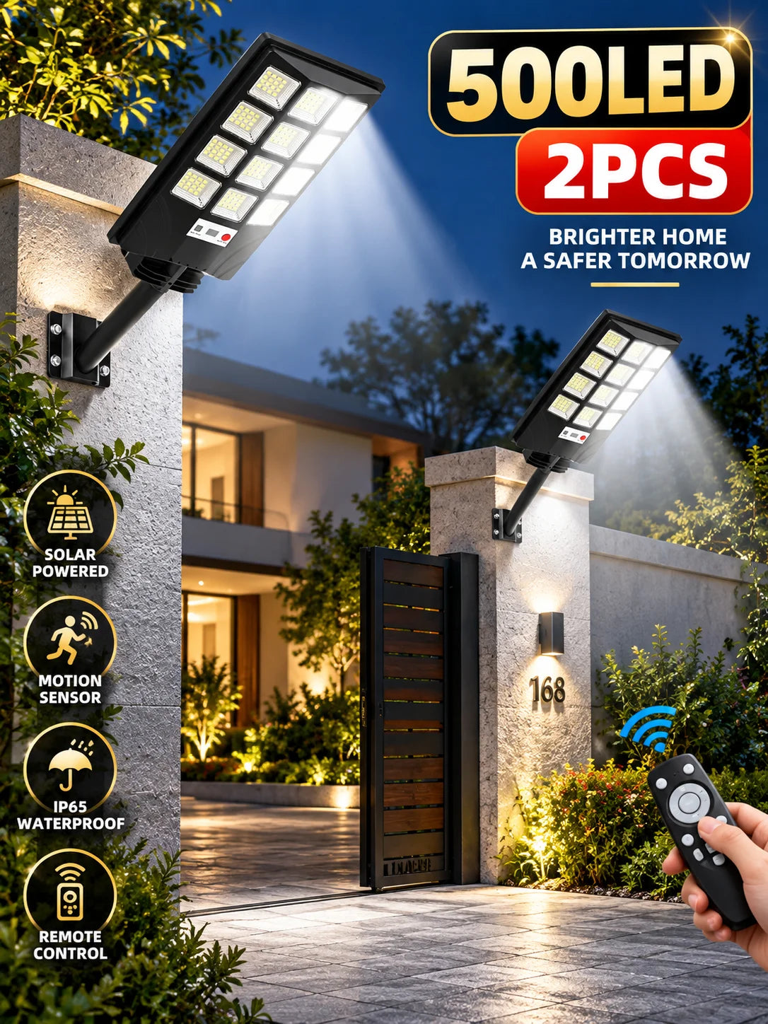 2PCS 500LED Solar Lights Outdoor, Solar Powered Motion Sensor Security Light with Remote Control, Super Bright LED Flood Light, IP65 Waterproof Wall Lamp, 270° Adjustable Lighting, 3 Modes for Garden, Patio, Garage, Yard and