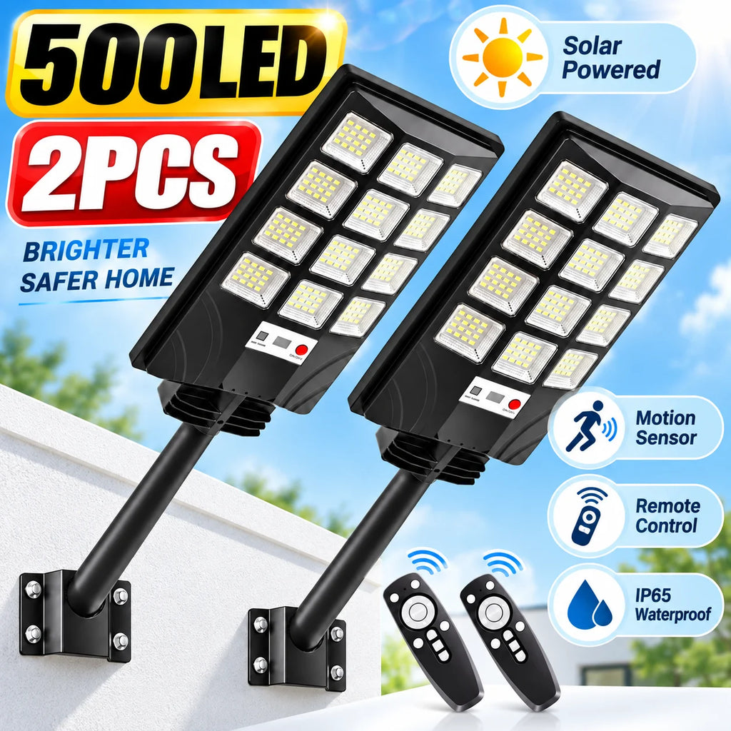 2PCS 500LED Solar Lights Outdoor, Solar Powered Motion Sensor Security Light with Remote Control, Super Bright LED Flood Light, IP65 Waterproof Wall Lamp, 270° Adjustable Lighting, 3 Modes for Garden, Patio, Garage, Yard and