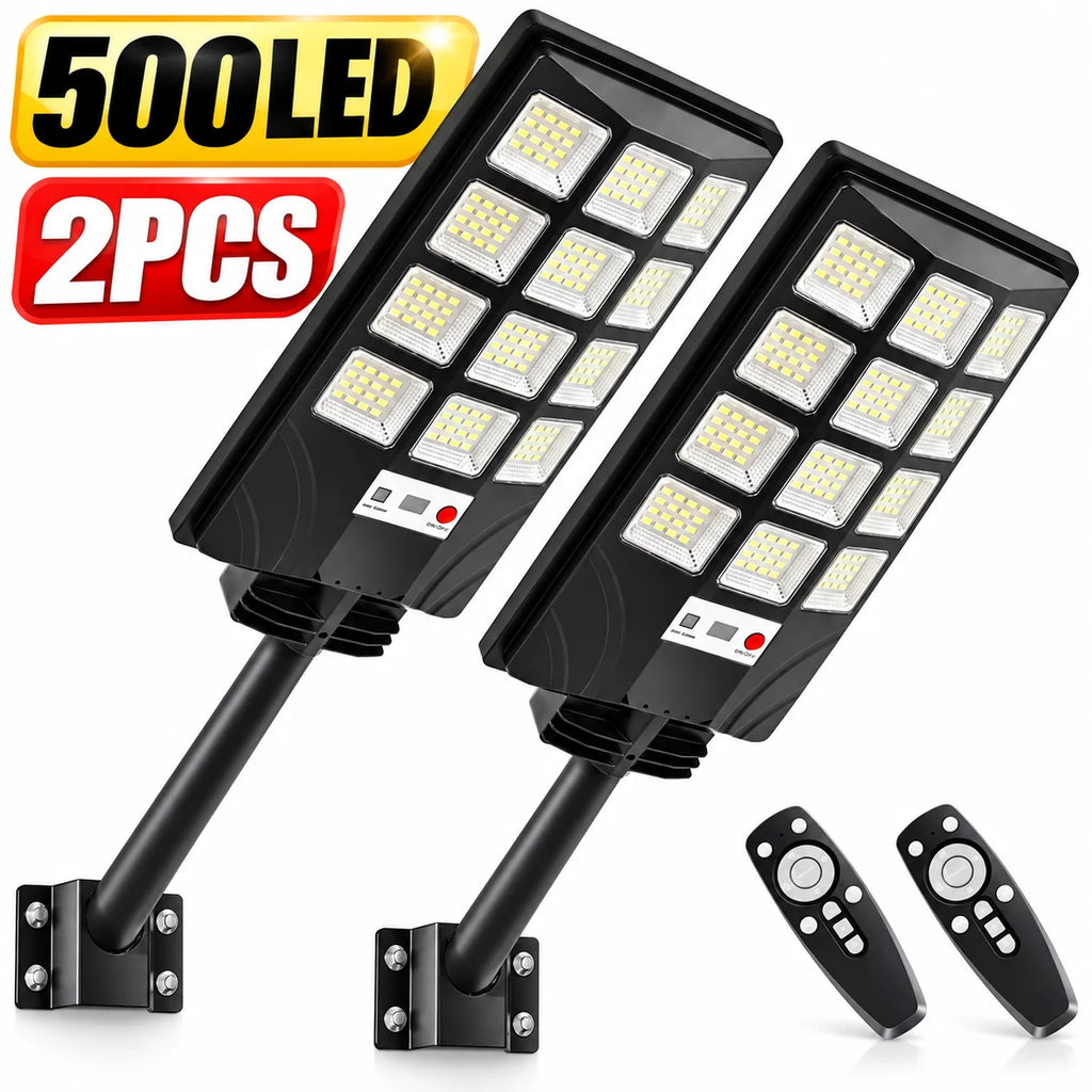 2PCS 500LED Solar Lights Outdoor, Solar Powered Motion Sensor Security Light with Remote Control, Super Bright LED Flood Light, IP65 Waterproof Wall Lamp, 270° Adjustable Lighting, 3 Modes for Garden, Patio, Garage, Yard and