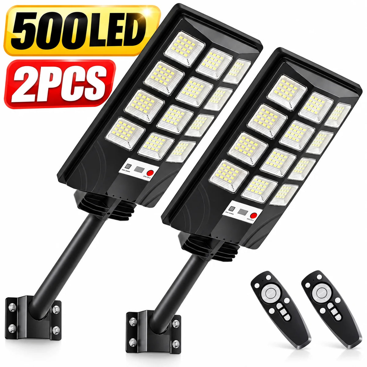 2PCS 500LED Solar Lights Outdoor, Solar Powered Motion Sensor Security Light with Remote Control, Super Bright LED Flood Light, IP65 Waterproof Wall Lamp, 270° Adjustable Lighting, 3 Modes for Garden, Patio, Garage, Yard and