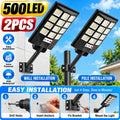 2PCS 500LED Solar Lights Outdoor, Solar Powered Motion Sensor Security Light with Remote Control, Super Bright LED Flood Light, IP65 Waterproof Wall Lamp, 270° Adjustable Lighting, 3 Modes for Garden, Patio, Garage, Yard and