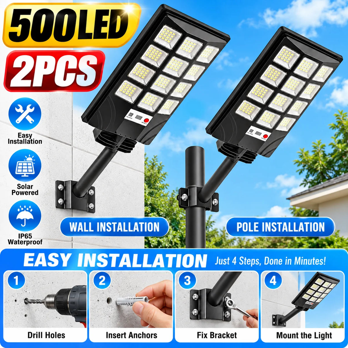 2PCS 500LED Solar Lights Outdoor, Solar Powered Motion Sensor Security Light with Remote Control, Super Bright LED Flood Light, IP65 Waterproof Wall Lamp, 270° Adjustable Lighting, 3 Modes for Garden, Patio, Garage, Yard and