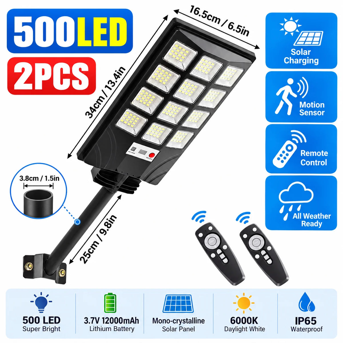 2PCS 500LED Solar Lights Outdoor, Solar Powered Motion Sensor Security Light with Remote Control, Super Bright LED Flood Light, IP65 Waterproof Wall Lamp, 270° Adjustable Lighting, 3 Modes for Garden, Patio, Garage, Yard and